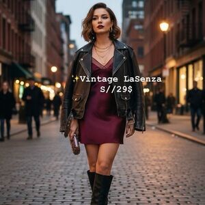 Vintage La‎ Senza Burgundy BabyDoll Satin Chemise Mini Slip Dress Small/ NYE